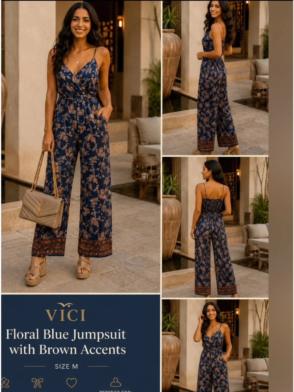 VICI Floral Wide Leg Jumpsuit Navy Blue Boho Wrap Tie Size M - Picture 1 of 8